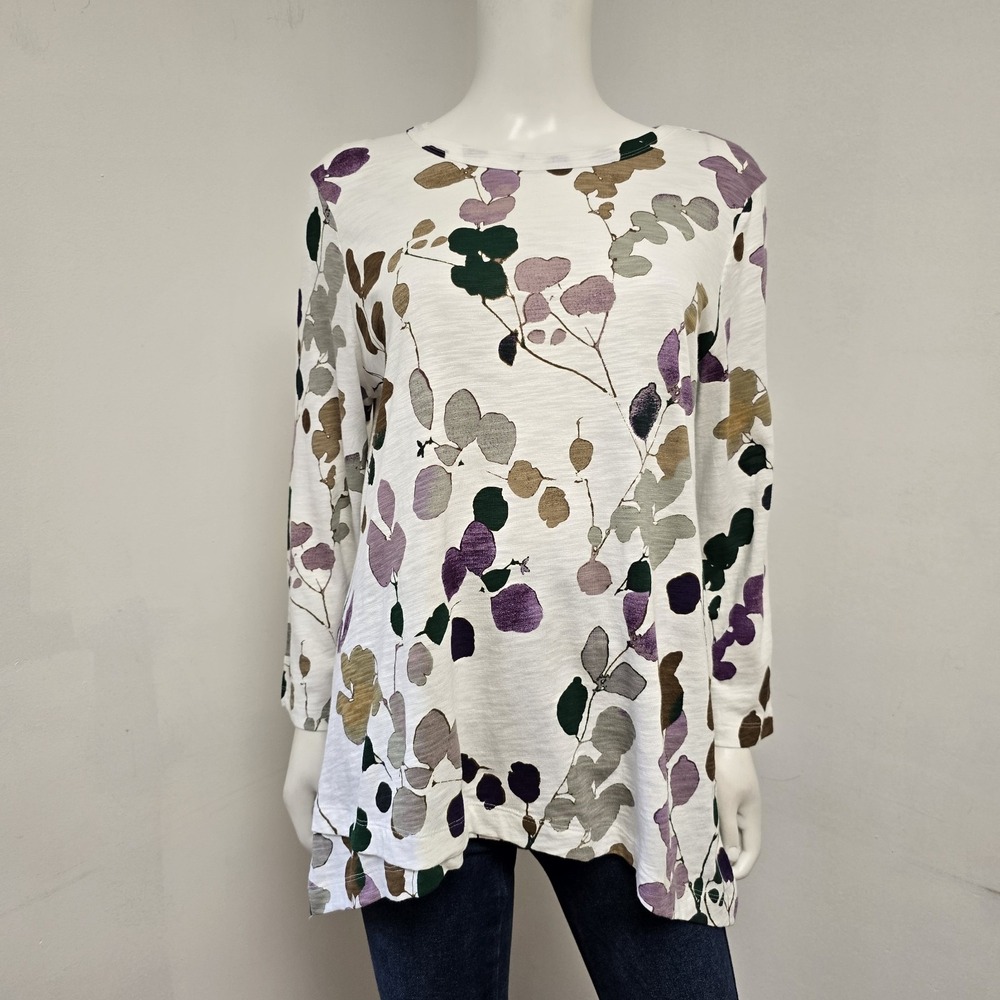 Chicos Top Size 2 Large 3/4 Sleeve Sprigs Floral Overlap Cotton Modal Womens